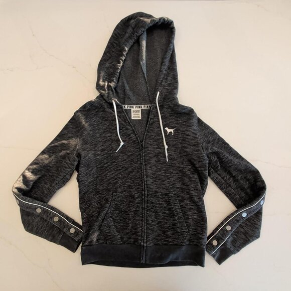 Victoriaβs Secret PINK Sz XS Snap Button Sleeve Full Zip Hoodie Gray Sweater Top - Picture 4 of 11